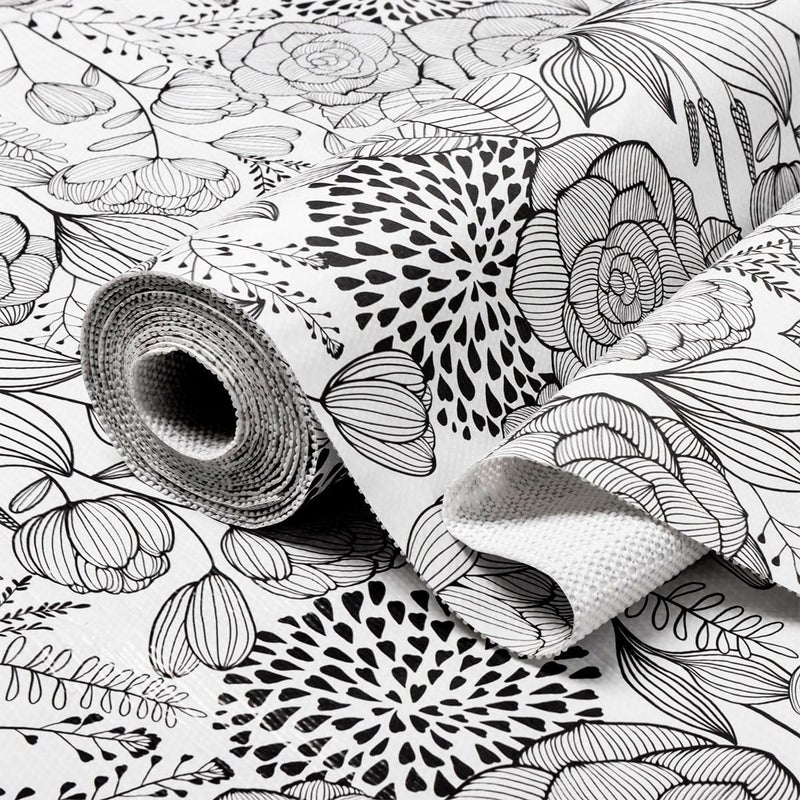 Amiitay Shelf and Drawer Liner for Kitchen Cabinets, Non-Adhesive and Strong Non-Slip Floral Shelf Cabinet Drawer Liners, Waterproof Thickened Shelf Liner,Easy to Clean,Black and White,12IN x 10FT - Image 1